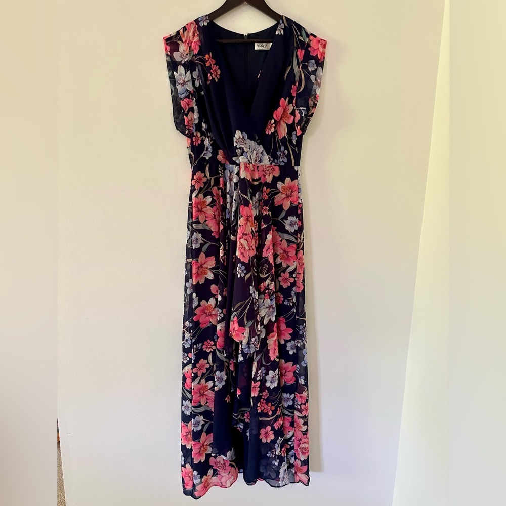 Eliza J Navy Blue Floral Maxi Dress with Pink Flowers